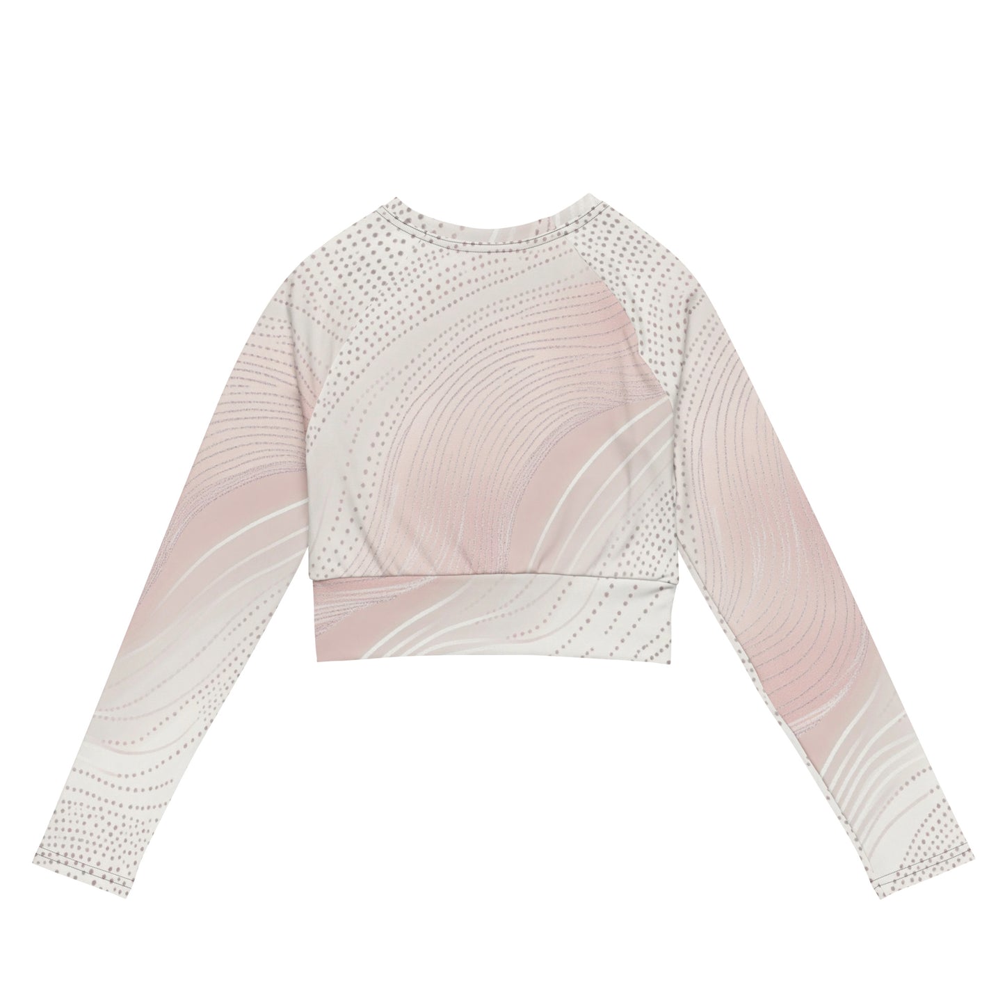 Elegant long-sleeve crop top with a pink and white wave pattern, offering comfort and style for active or casual settings.