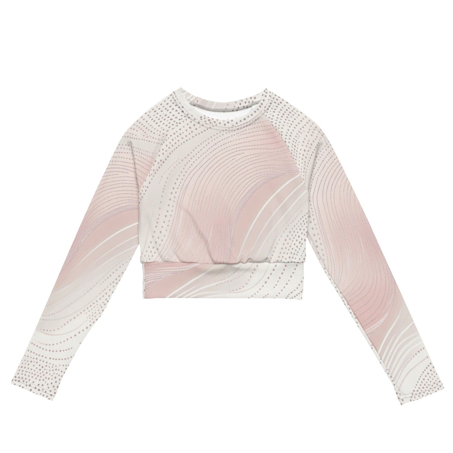 Stylish long-sleeve crop top featuring a soft pink and white abstract wave design, perfect for workouts or casual wear.
