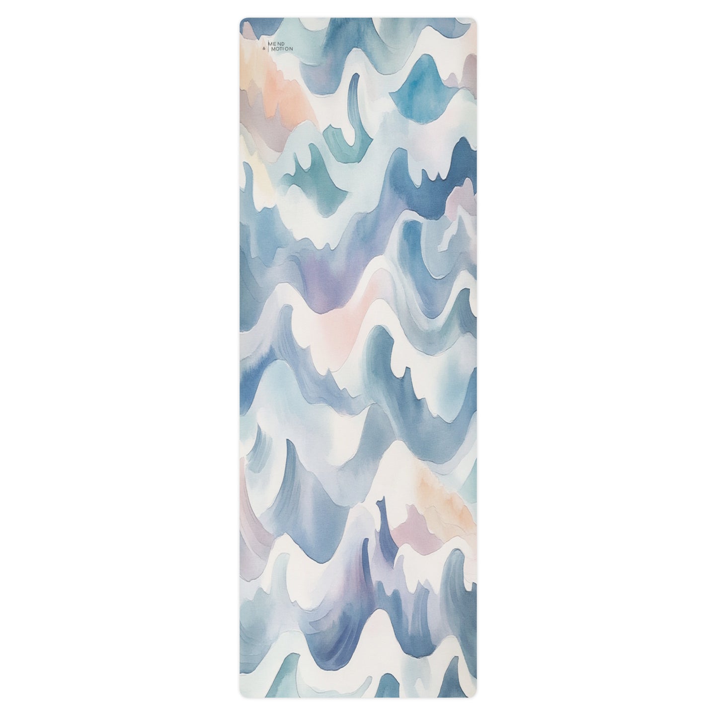 A yoga mat featuring a pastel abstract wave pattern in blue, pink, and beige tones, showcasing a calming and artistic design.