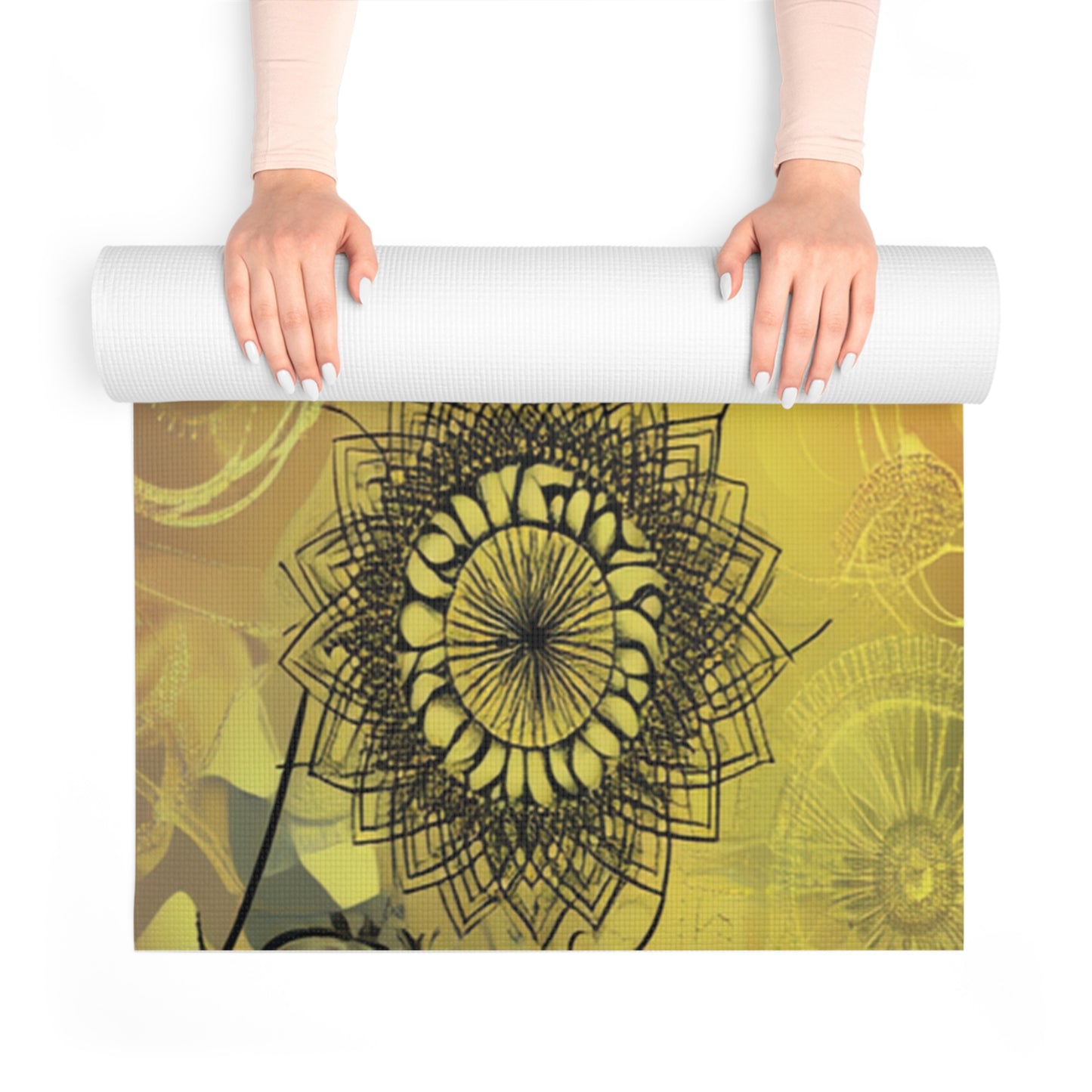Hands rolling a yoga mat with a colorful mandala design, perfect for yoga sessions