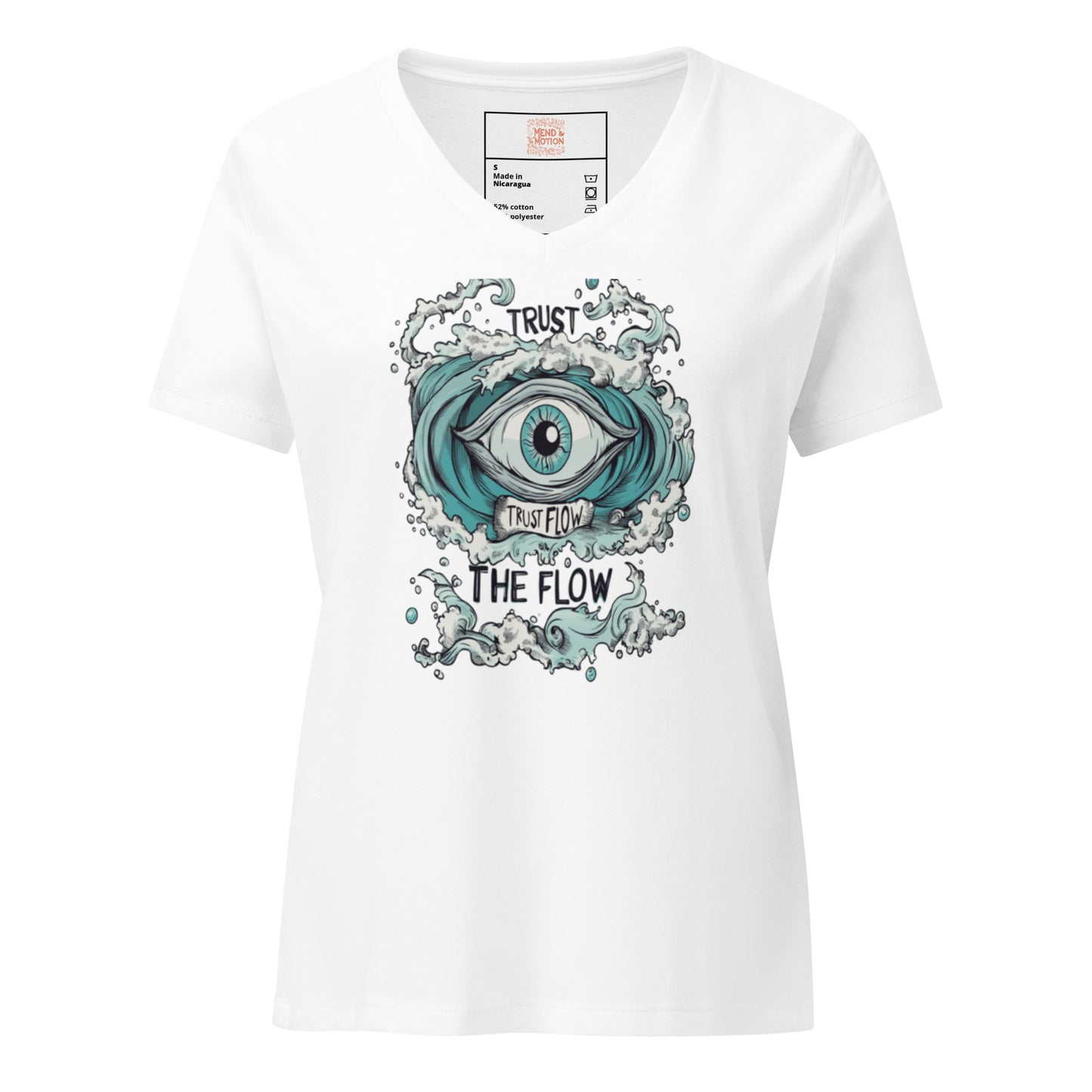Solid White V-Neck T-Shirt featuring "Trust the Flow" eye and wave illustration.