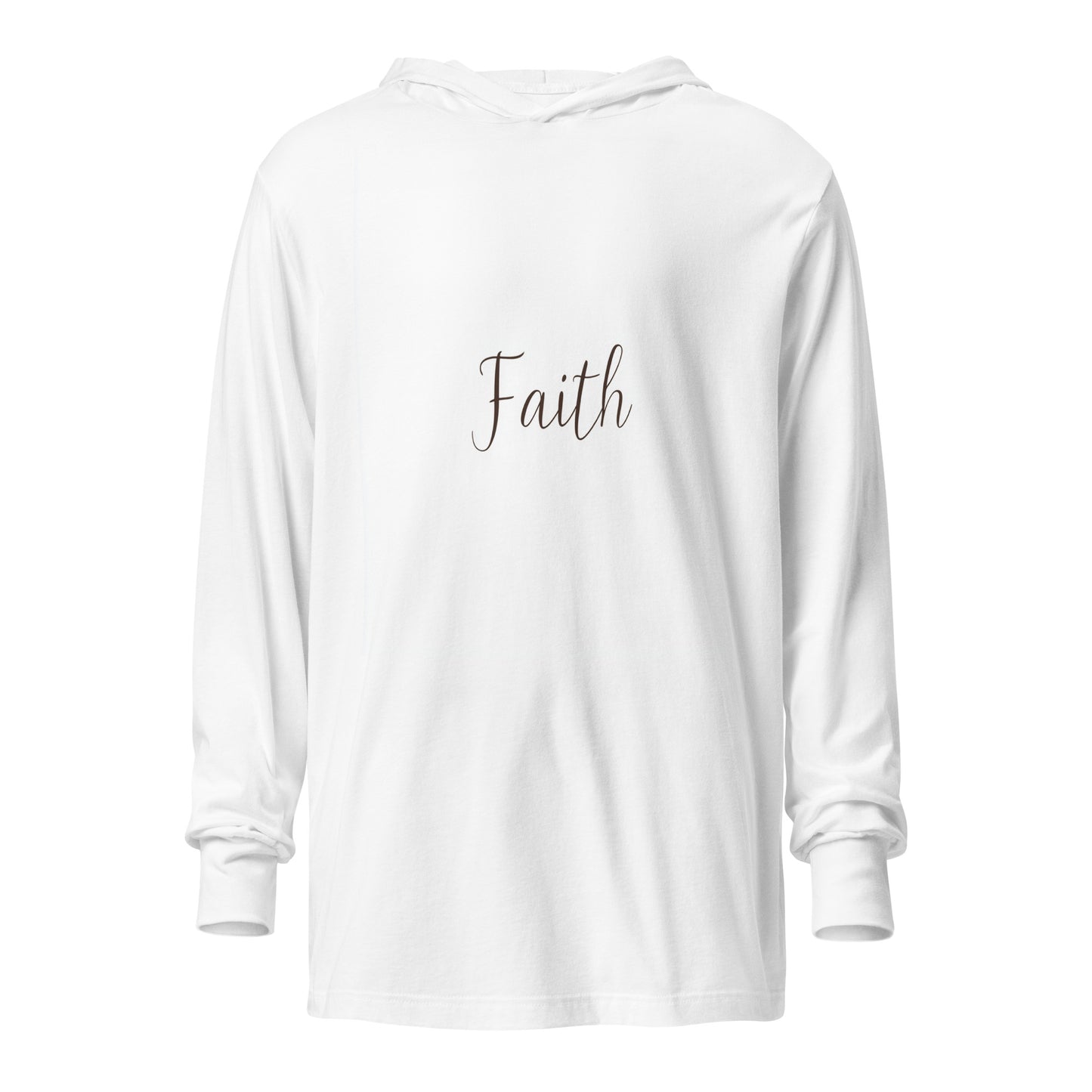 White long-sleeve hoodie shown from the back, featuring "Faith" design in elegant script.