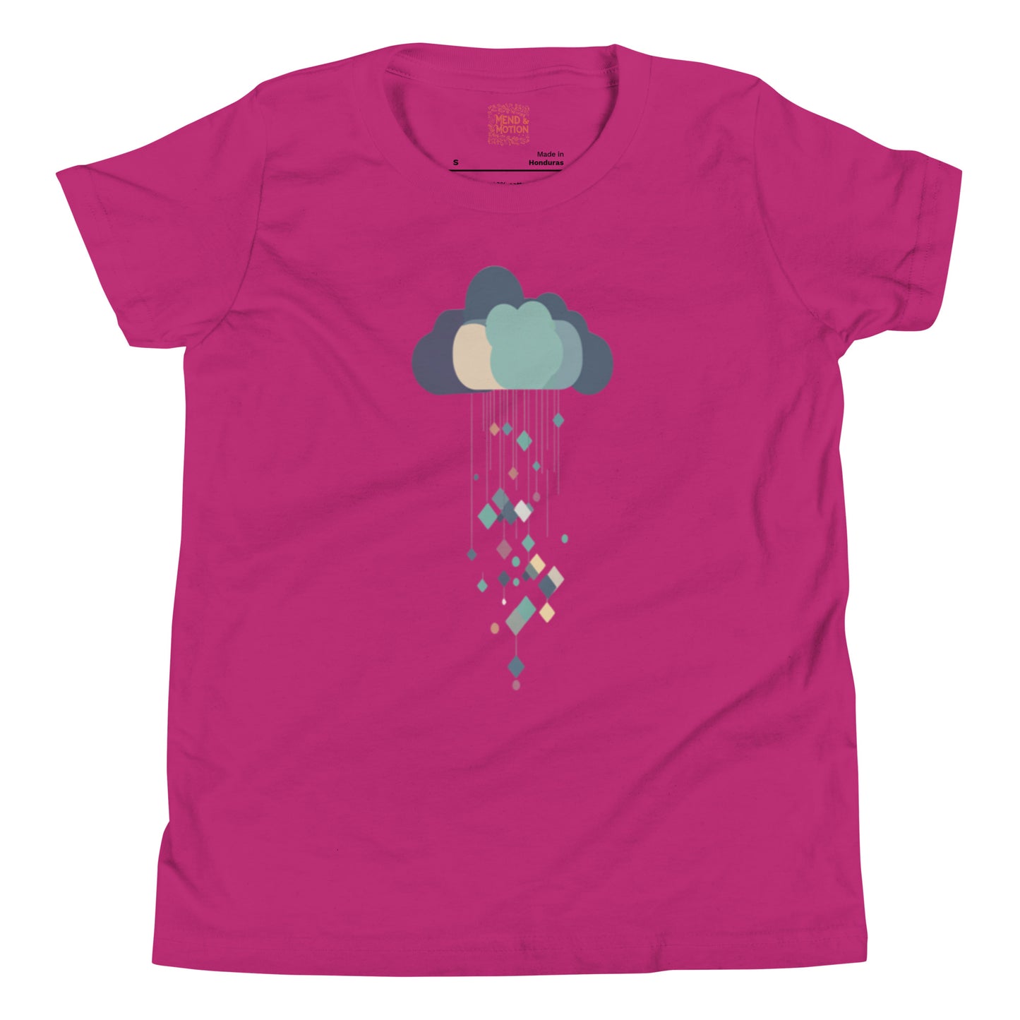 Berry-colored youth t-shirt displaying a pastel cloud and geometric rain design for a trendy look.