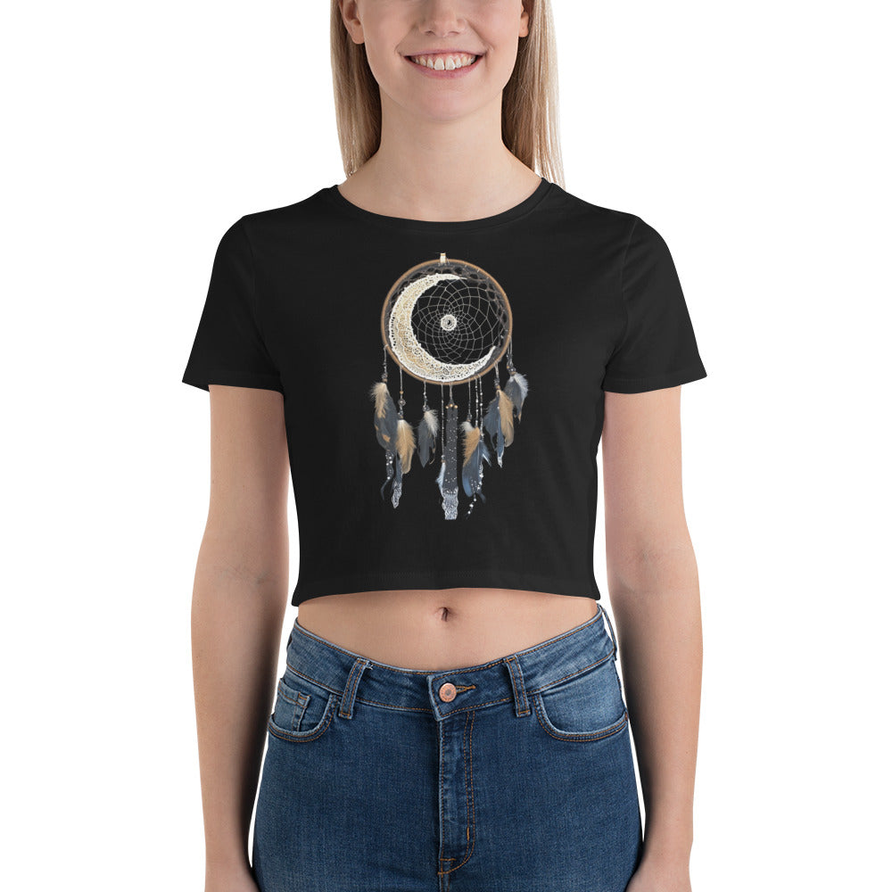 Black crop tee with dreamcatcher design featuring moon, feathers, and intricate web pattern