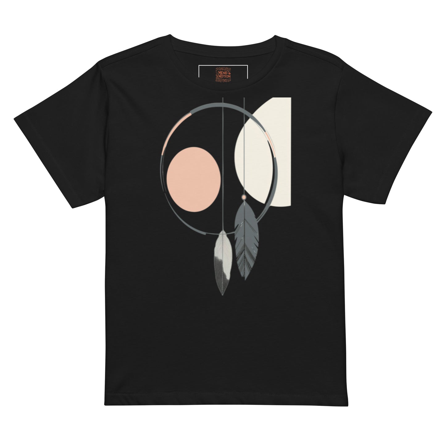 Black high-waisted tee with a minimalist dreamcatcher and feather design.