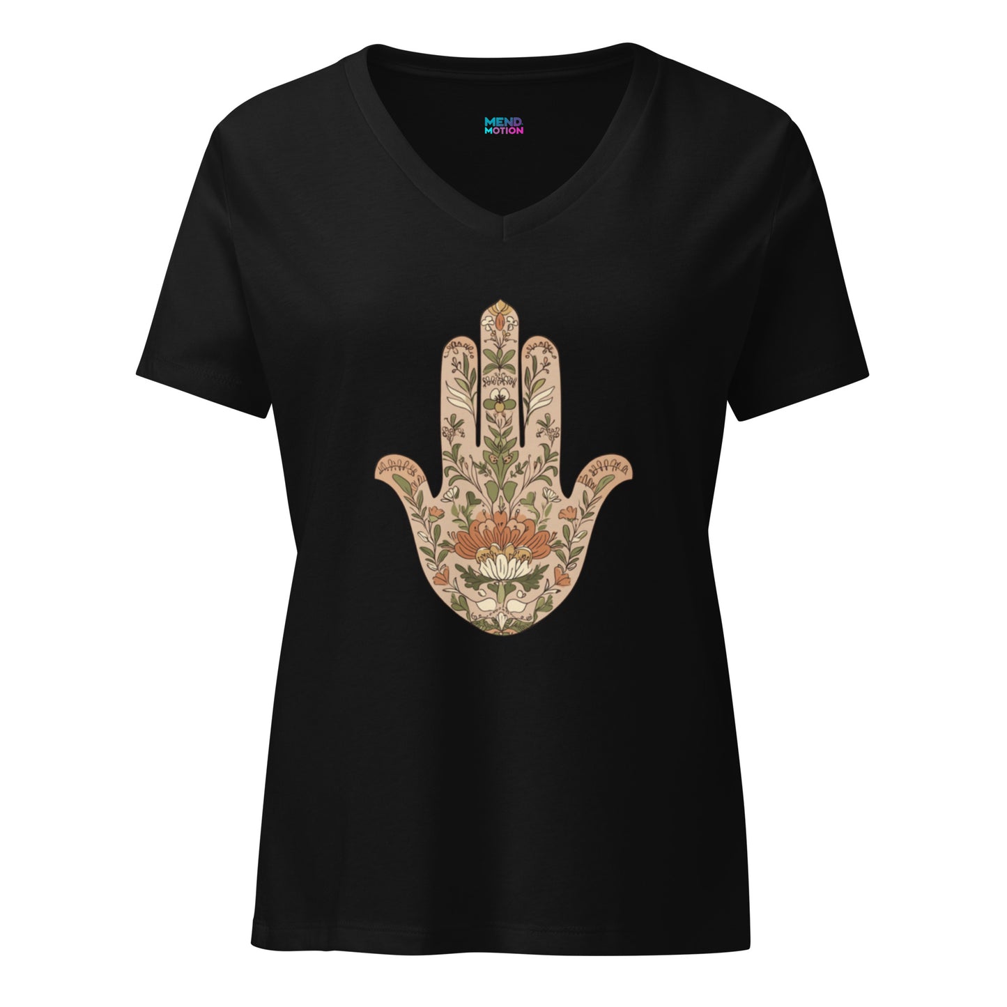Black V-neck T-shirt with a beautifully intricate floral Hamsa hand design, combining elegance with comfort. Perfect for casual wear.