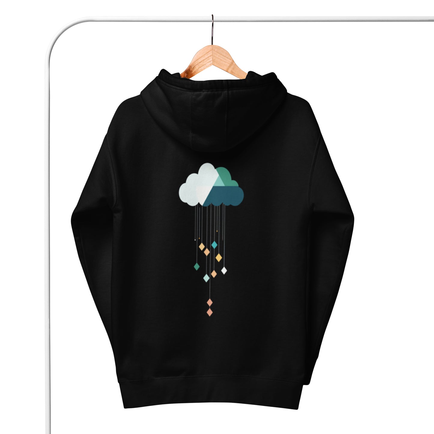 Black hoodie on a wooden hanger with geometric cloud design.