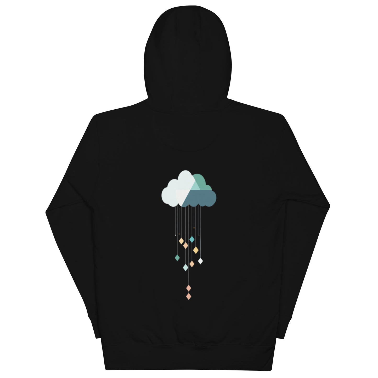 Black hoodie featuring geometric cloud and falling diamond design.