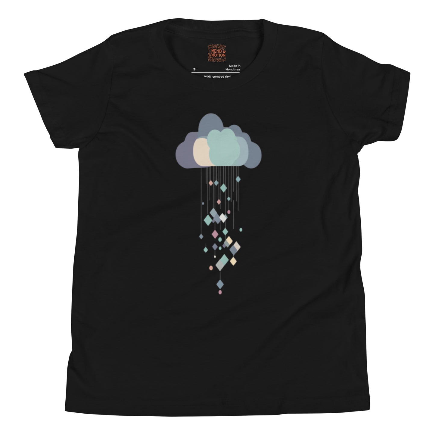 Black youth t-shirt displaying a modern cloud graphic with colorful geometric rain.
