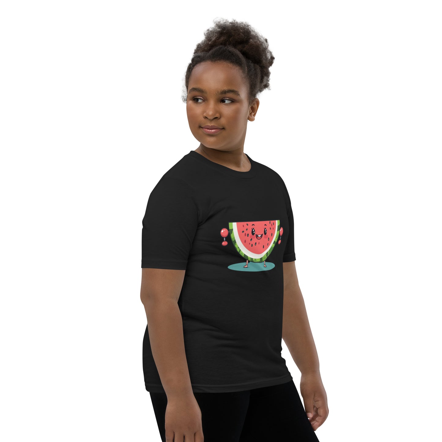 Child wearing a black youth t-shirt with a fun watermelon weightlifter design, standing confidently