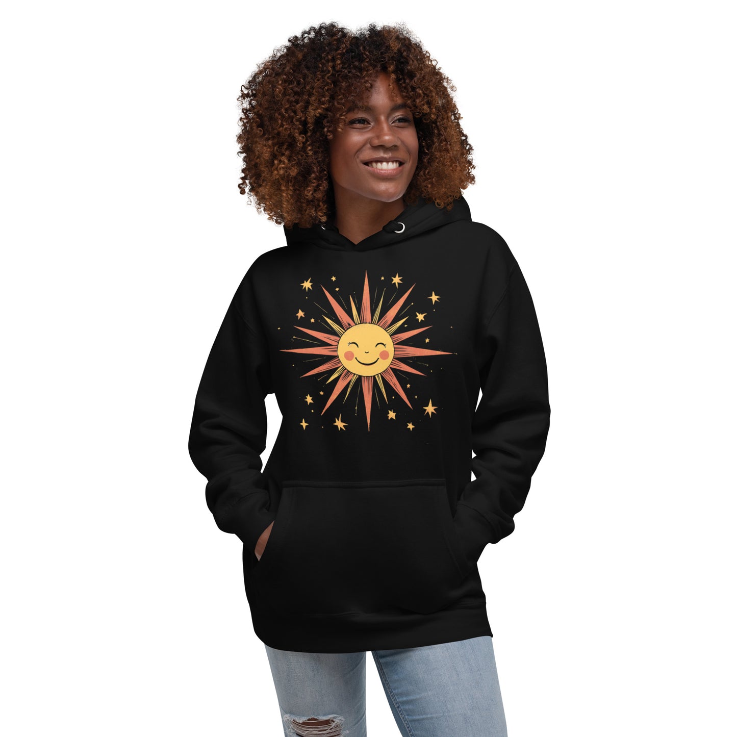 Woman wearing black hoodie with smiling sun and star design.