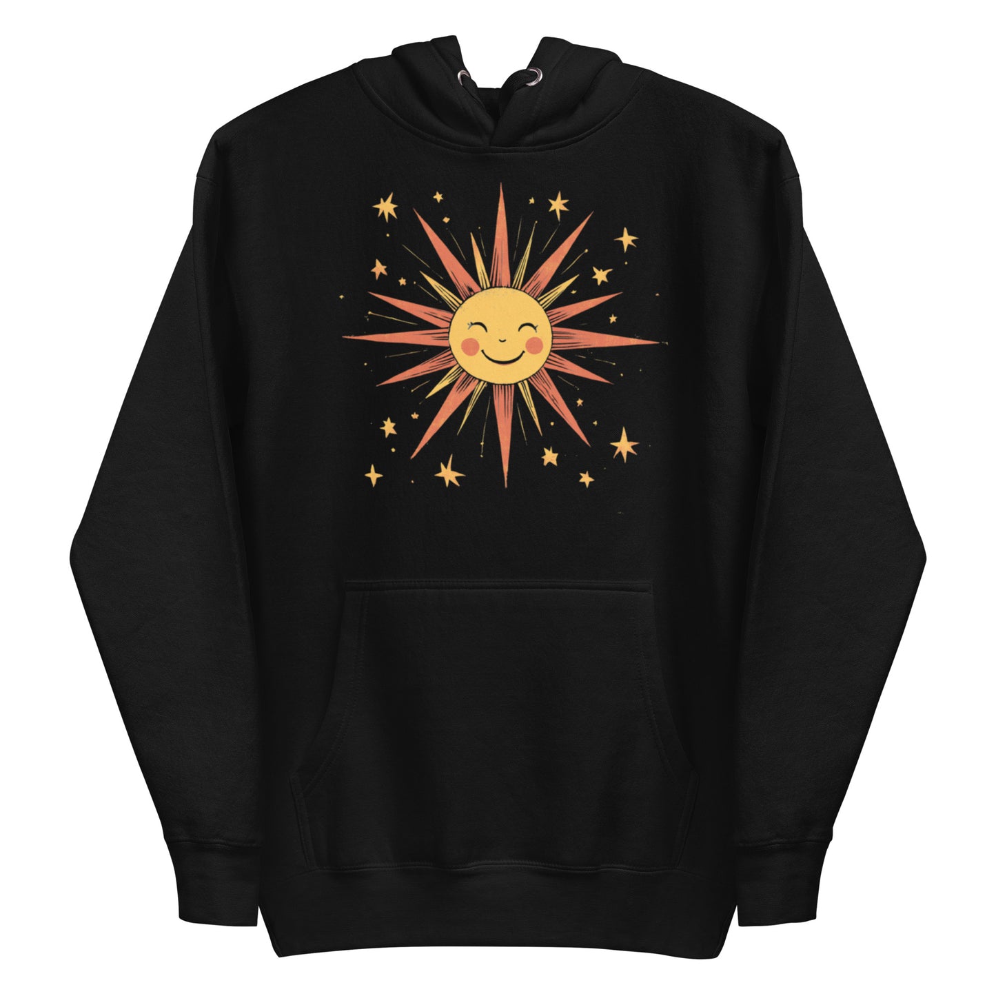 Black hoodie with cheerful sun and star pattern.