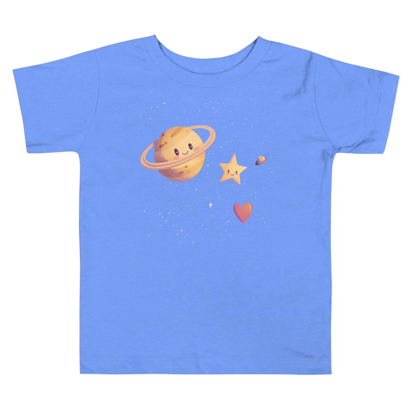 A blue toddler T-shirt with an adorable space-themed design showcasing a happy Saturn, a bright star, and a heart against a starry sky.