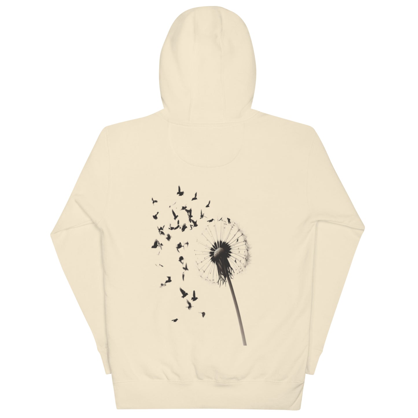 Bone-colored hoodie with a dandelion-to-birds design on the back.