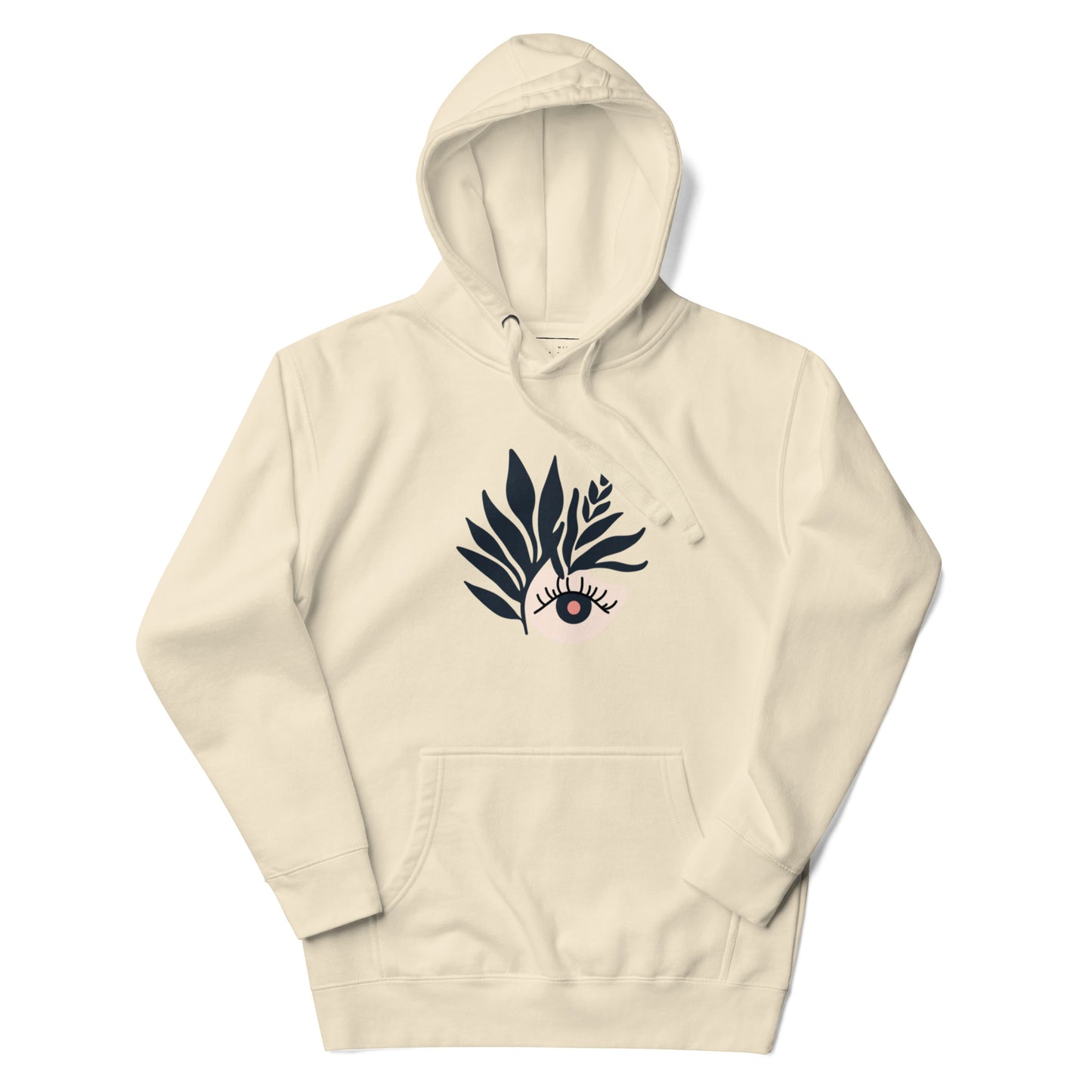 Bone-colored hoodie with a stylish black leafy eye design on the front.