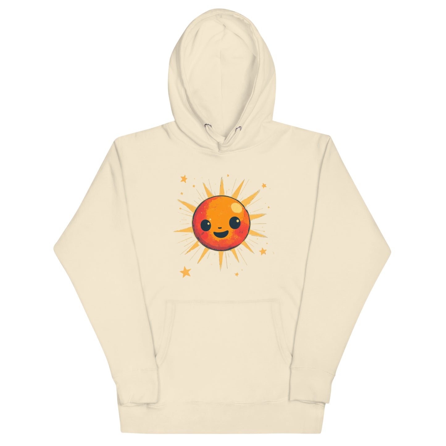 A bone-colored hoodie featuring a charming orange sun surrounded by rays and twinkling stars