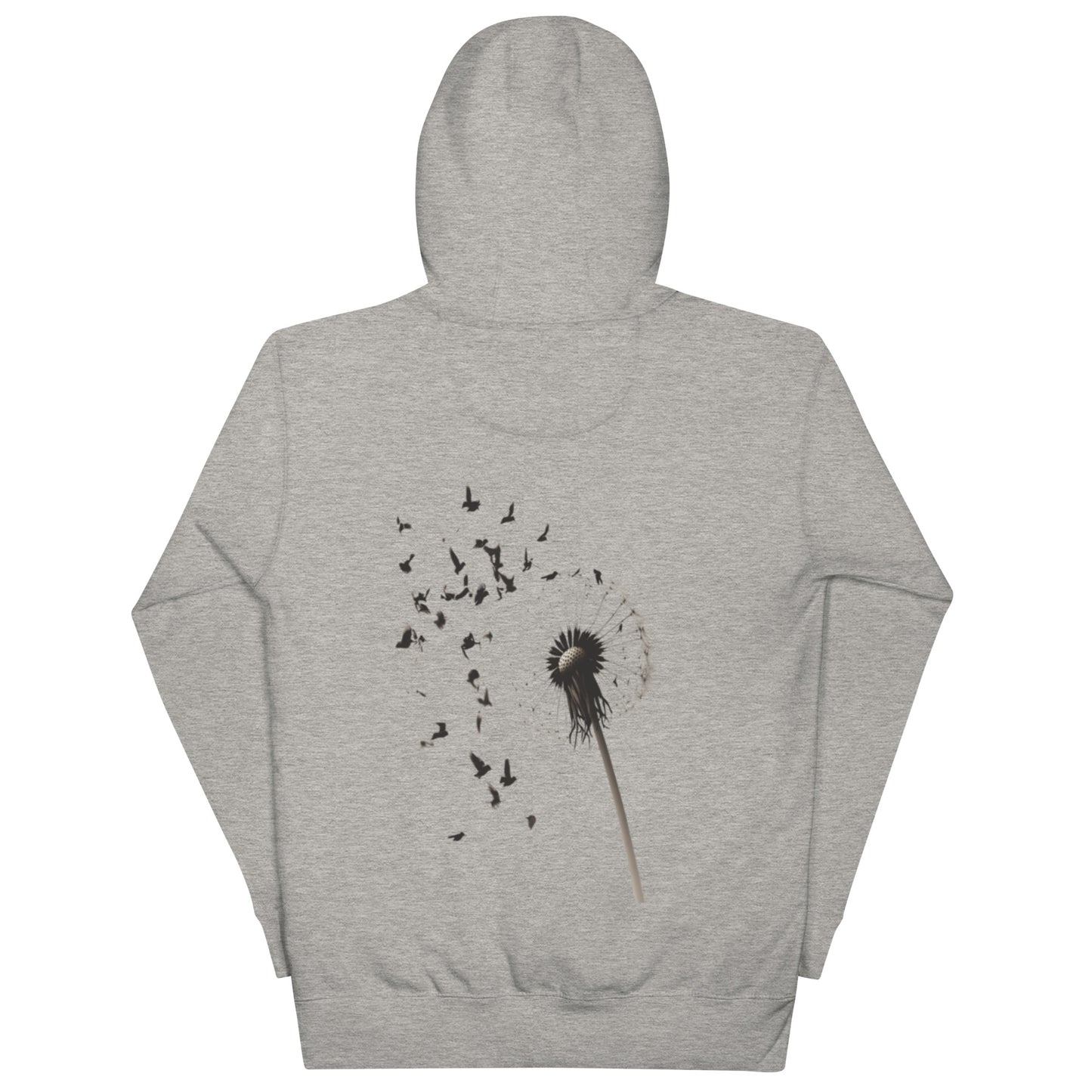 Carbon grey hoodie featuring a dandelion transforming into flying birds design on the back.