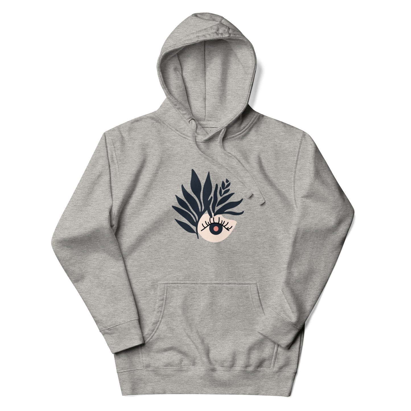 Carbon grey hoodie featuring a leafy black eye print on the front.