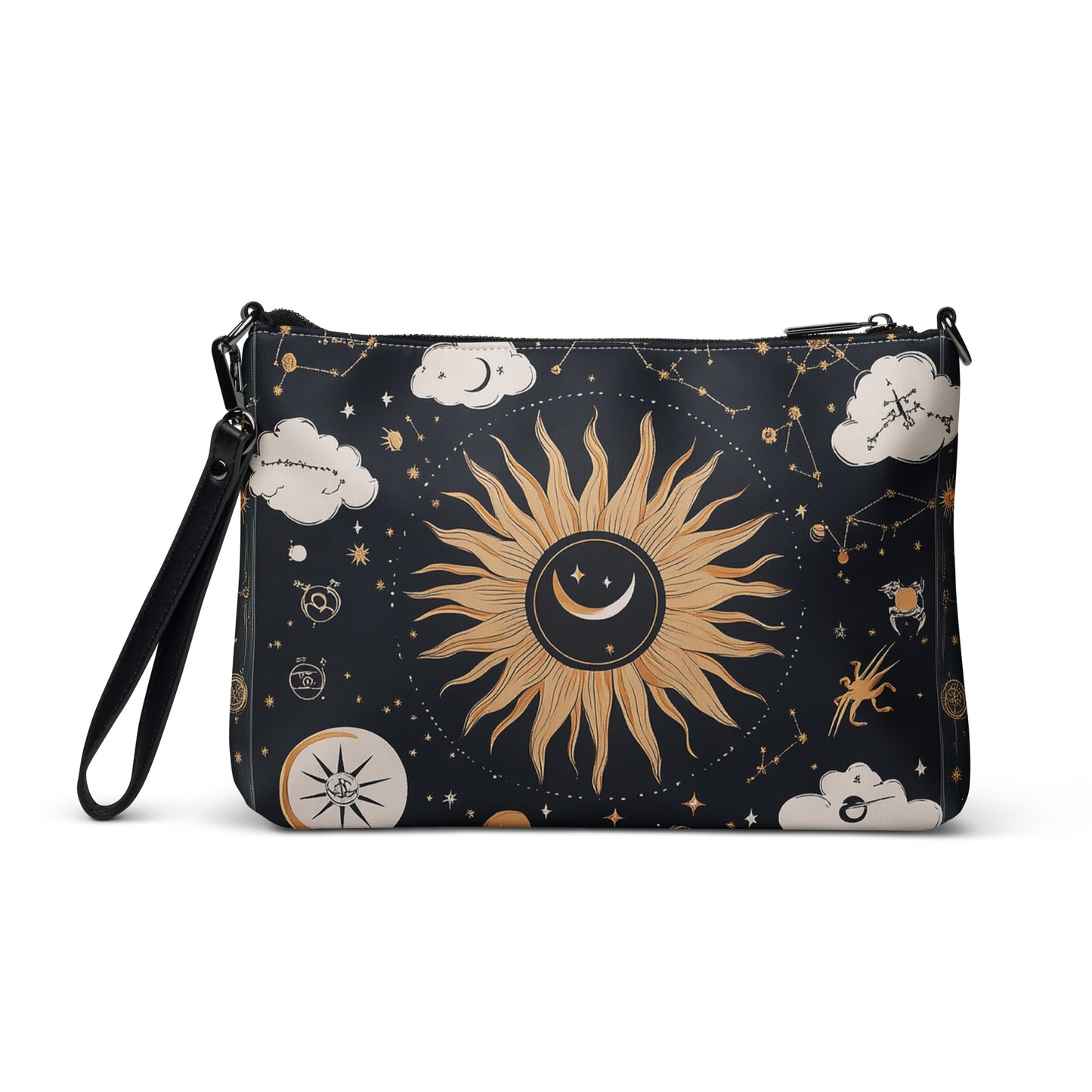 Black crossbody bag featuring a celestial sun design with golden rays, clouds, and constellations