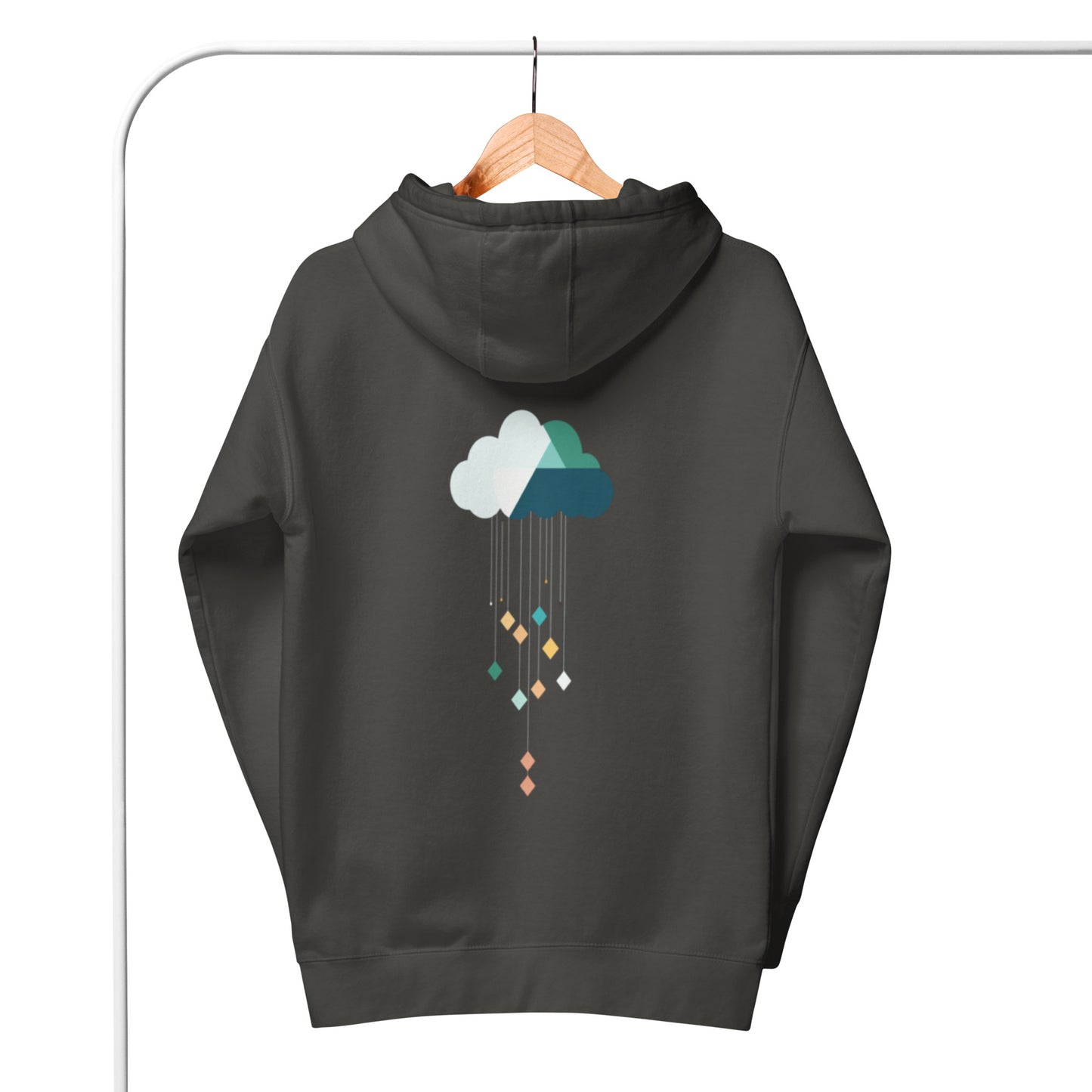 Charcoal hoodie with colorful cloud and diamond design on back.