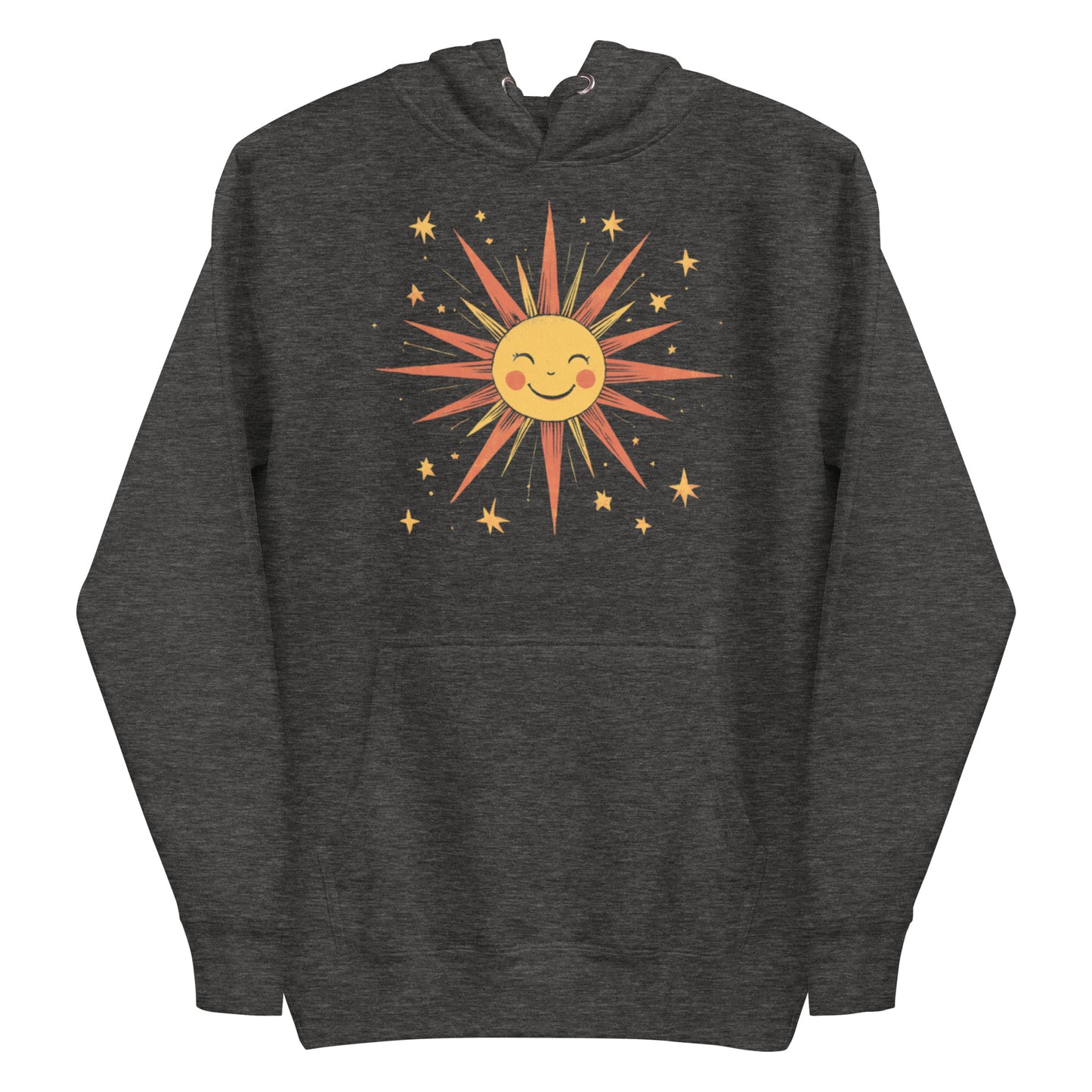 Charcoal heather hoodie with smiling sun and star print.