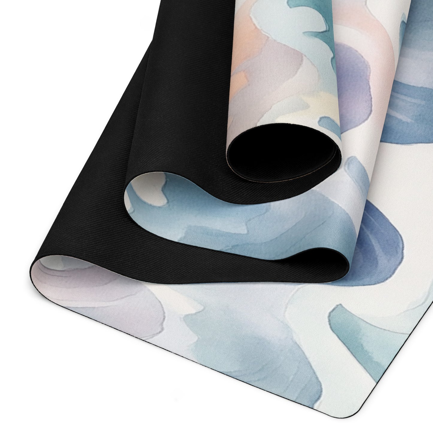A close-up view of a rolled yoga mat with a pastel wave design, highlighting the textured surface and soft colors.