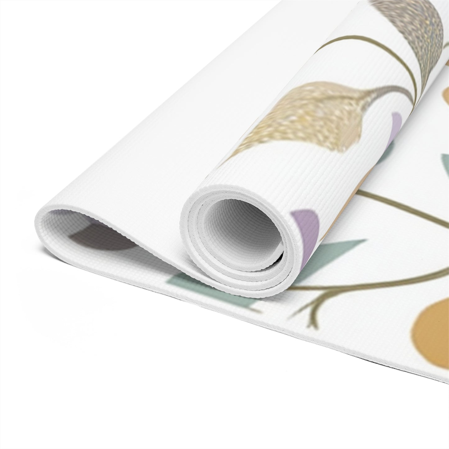 Close-up view of the floral mandala yoga mat texture highlighting its detailed pastel patterns