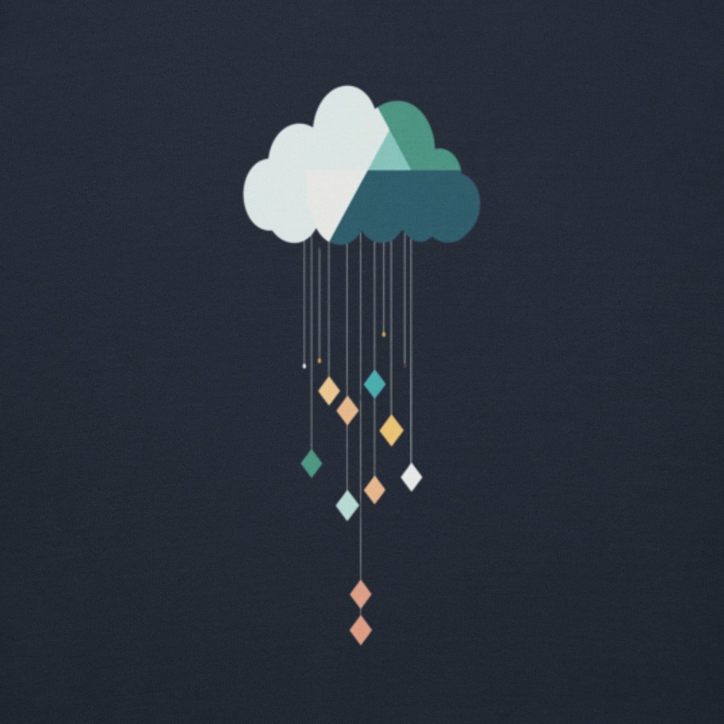 Close-up of geometric cloud and colorful diamond design on navy fabric.