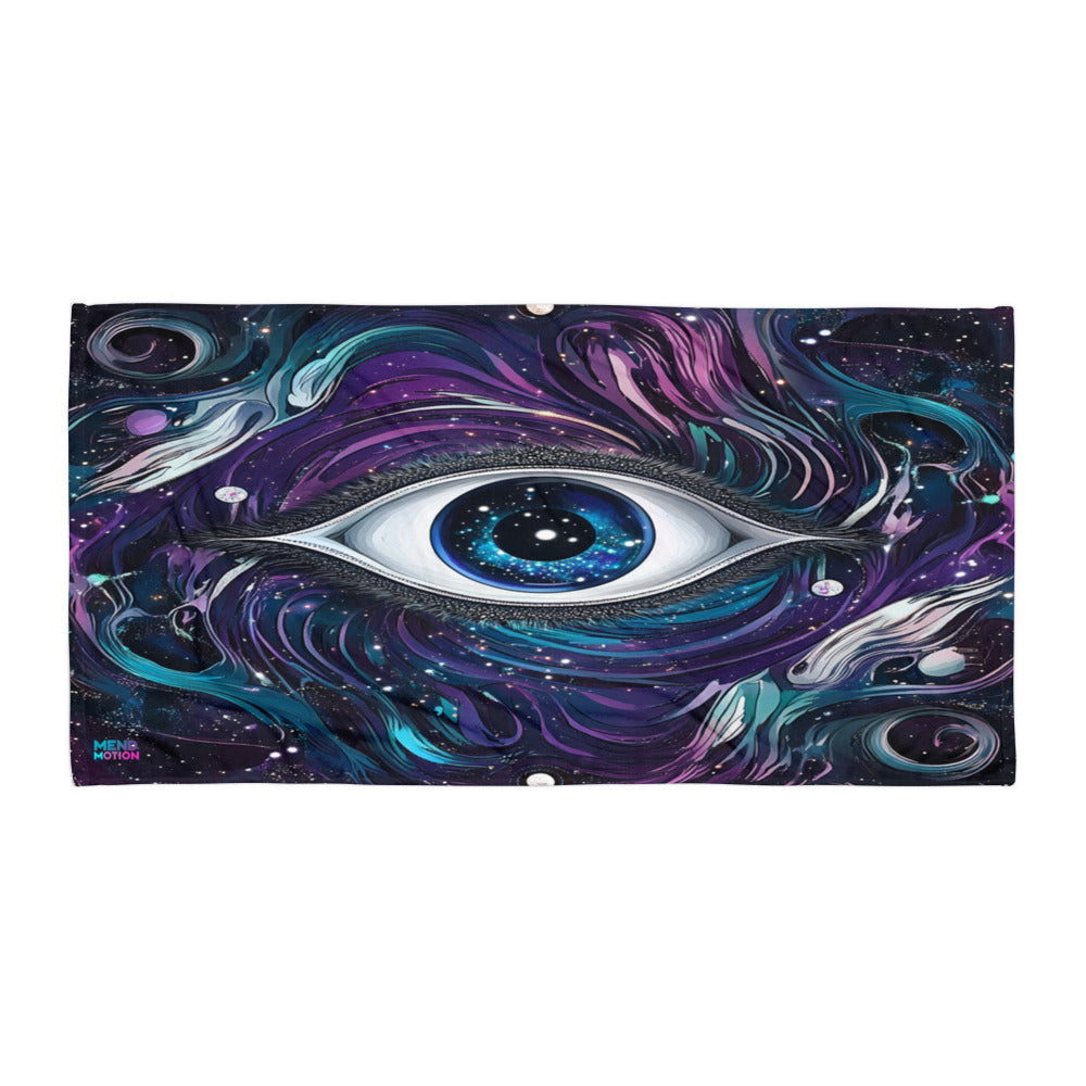 Vivid towel featuring a cosmic-themed eye surrounded by swirling purple, blue, and black galaxy patterns with stars