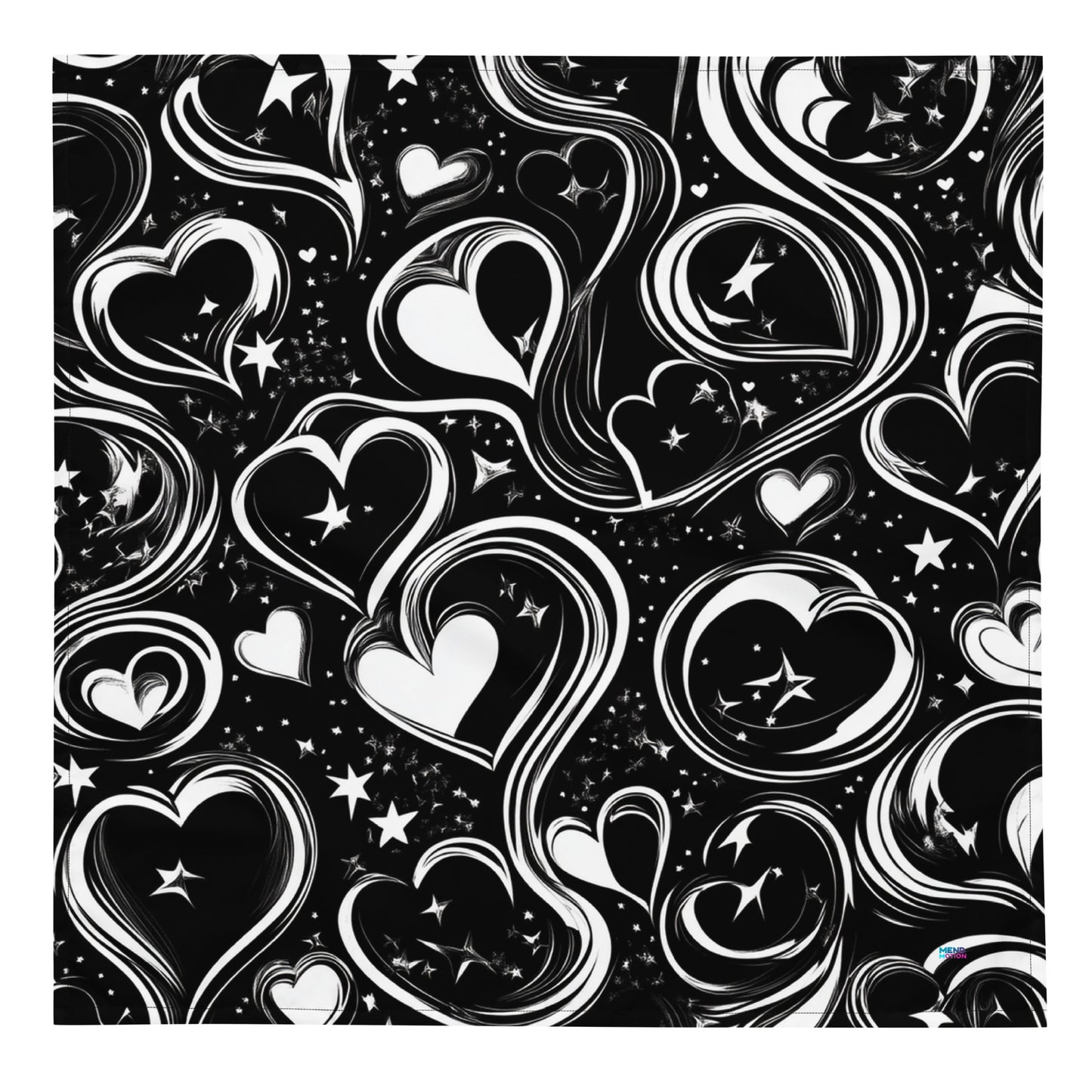 Black bandana with cosmic heart designs styled as an accessory on a chic black handbag