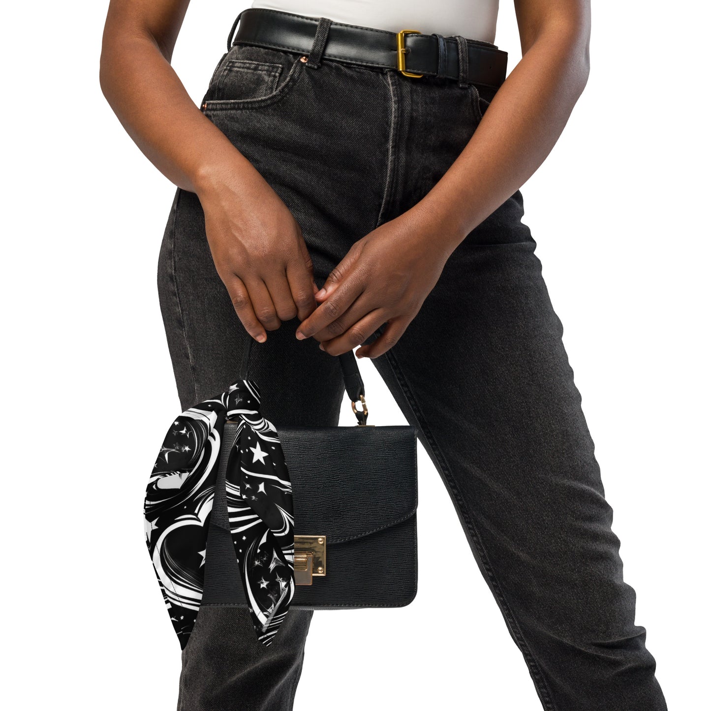 Black bandana with swirling heart and star patterns, perfect for a stylish and bold look