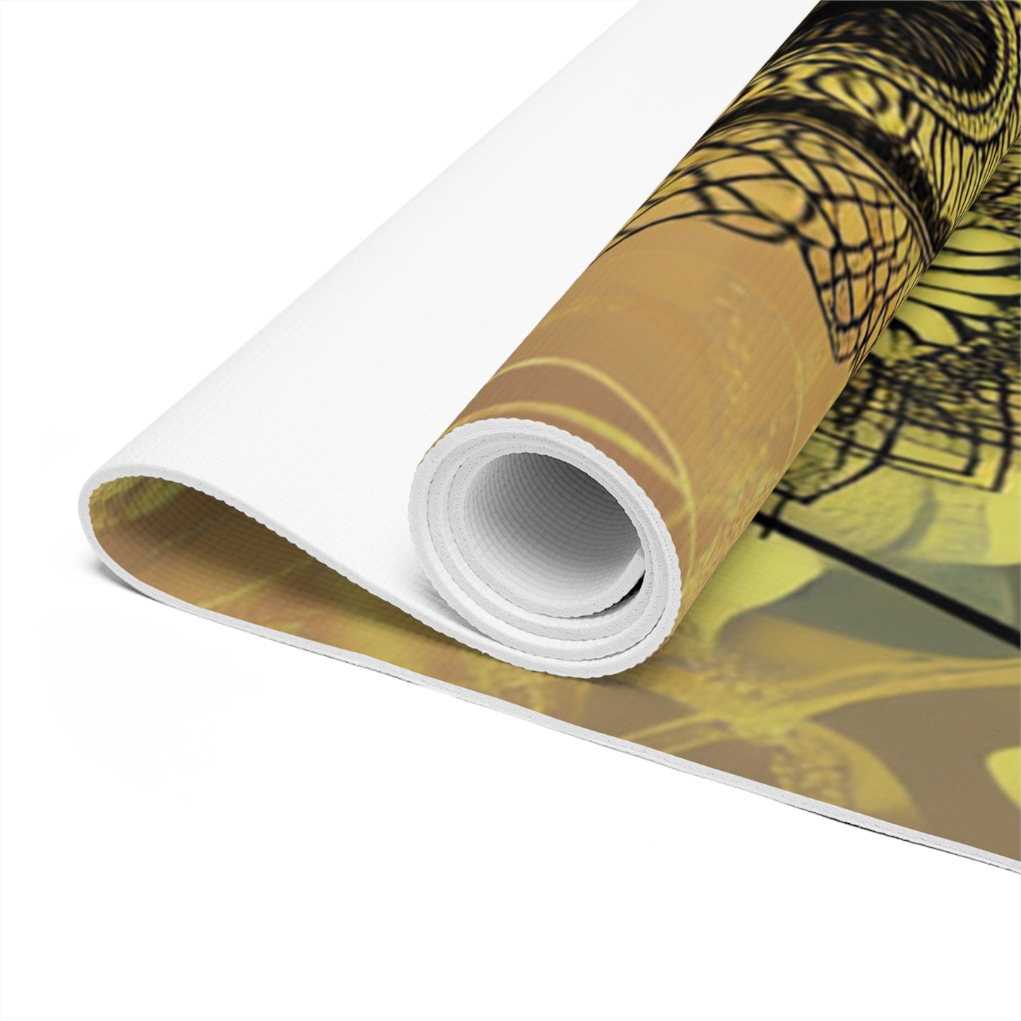 Rolled yoga mat with vivid black mandala motifs over a gradient yellow and orange background