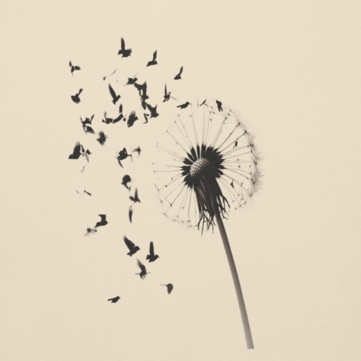 A close-up of a black dandelion dispersing seeds that transform into flying birds on a light background.