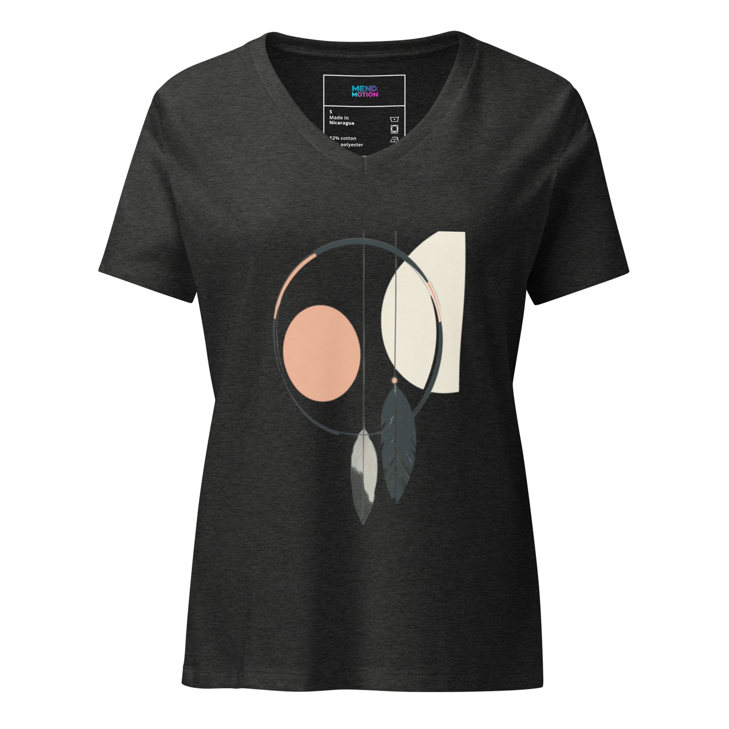 Women's dark grey V-neck T-shirt featuring a modern dreamcatcher-inspired abstract design