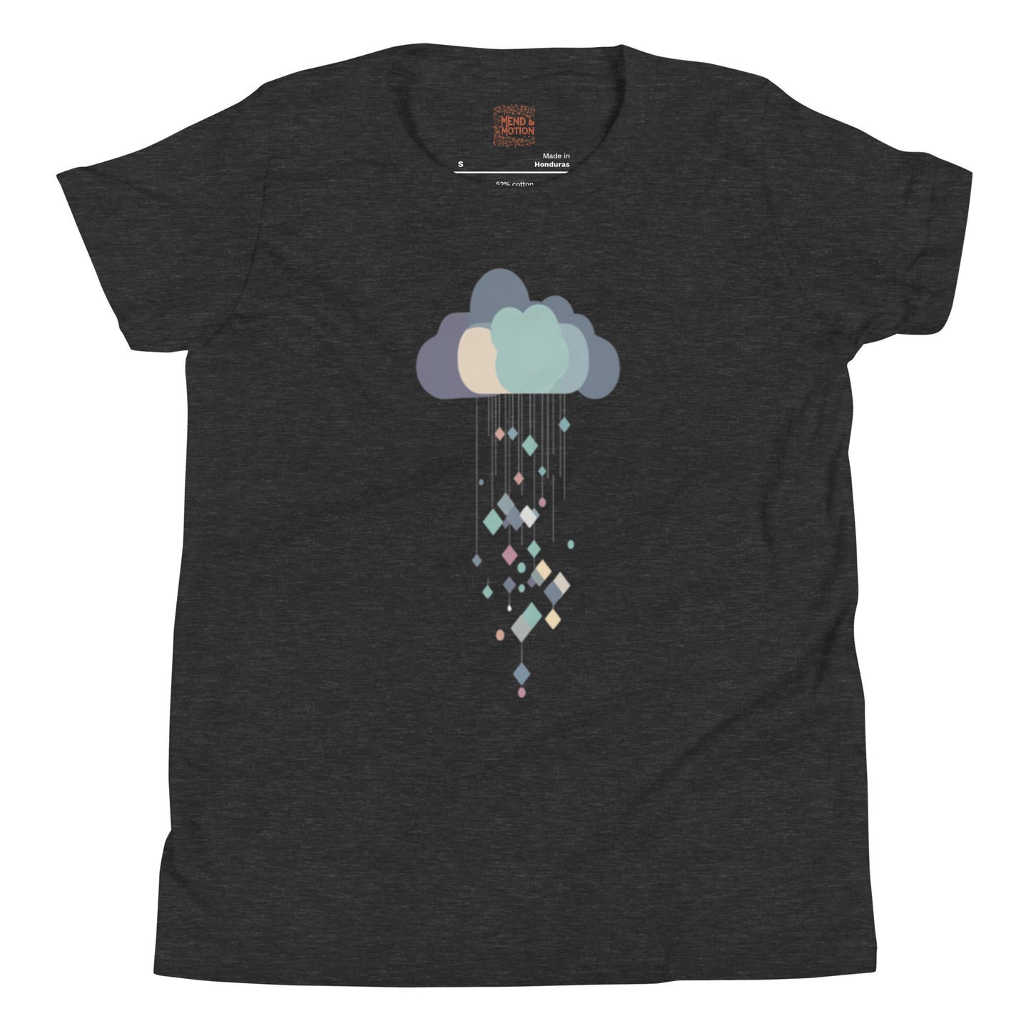 Dark grey heather youth t-shirt featuring a stylish cloud and colorful geometric raindrops.