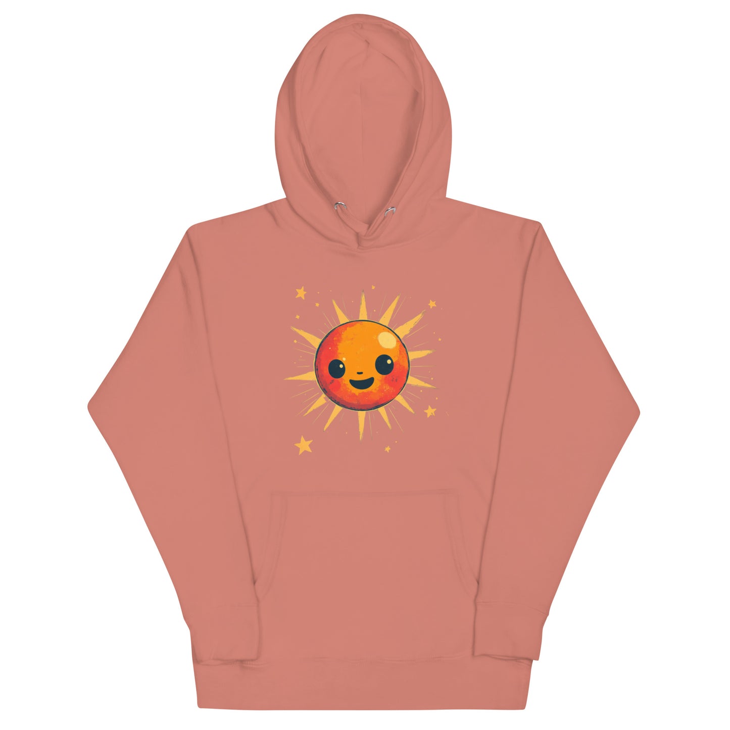 A dusty rose hoodie featuring an adorable orange sun surrounded by golden rays and stars