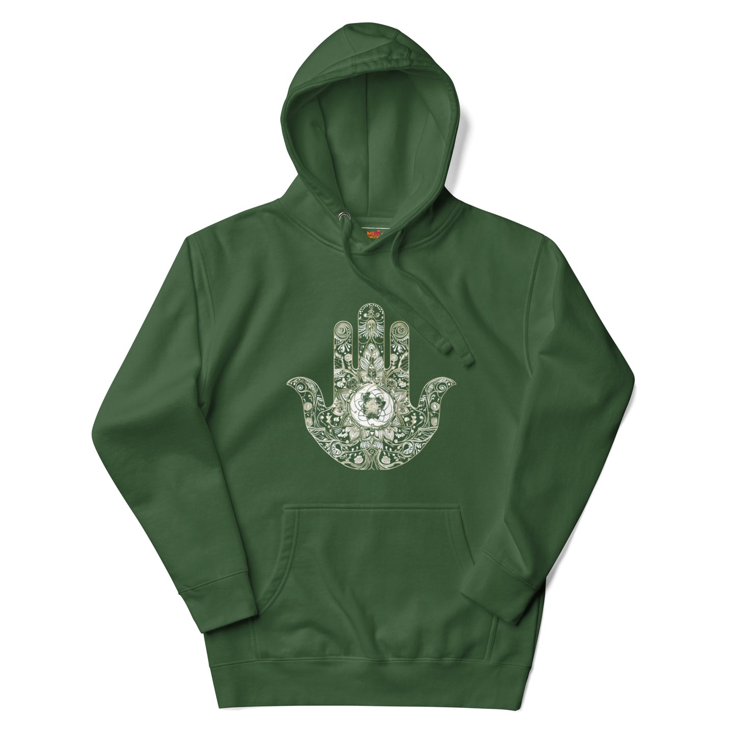 Forest green hoodie with a stylish hand design, featuring intricate floral and ornamental accents