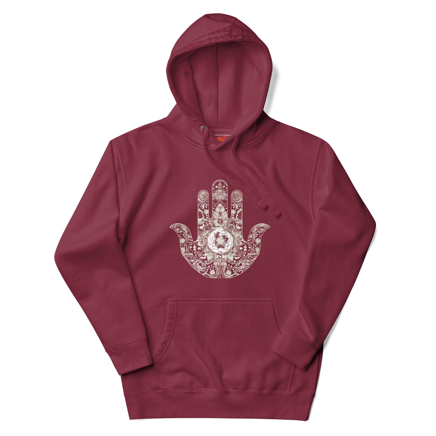 Premium maroon hoodie with an elegant hand illustration, highlighting intricate floral and ornamental details