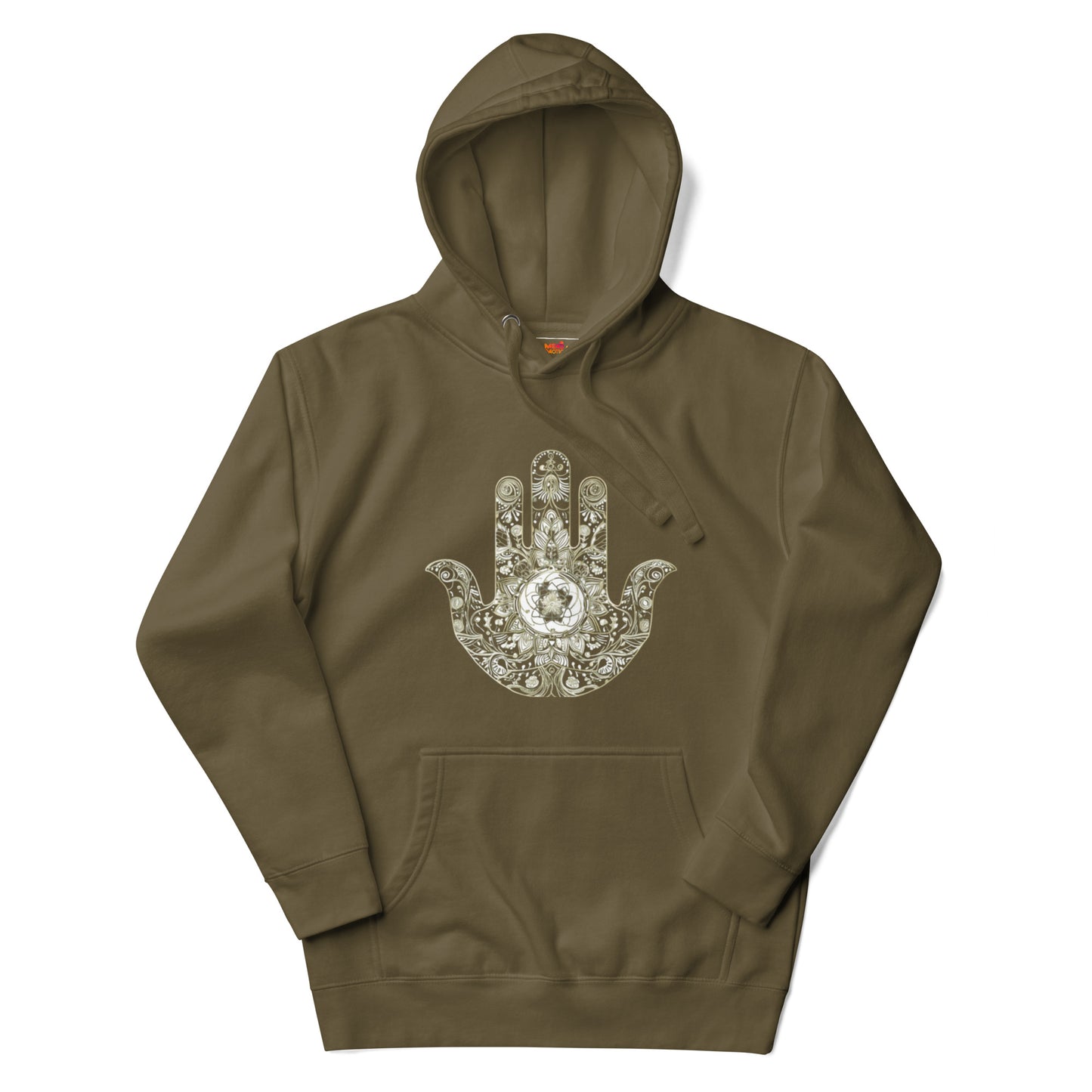 Military green hoodie with an artistic hand illustration adorned with ornate details and floral motifs