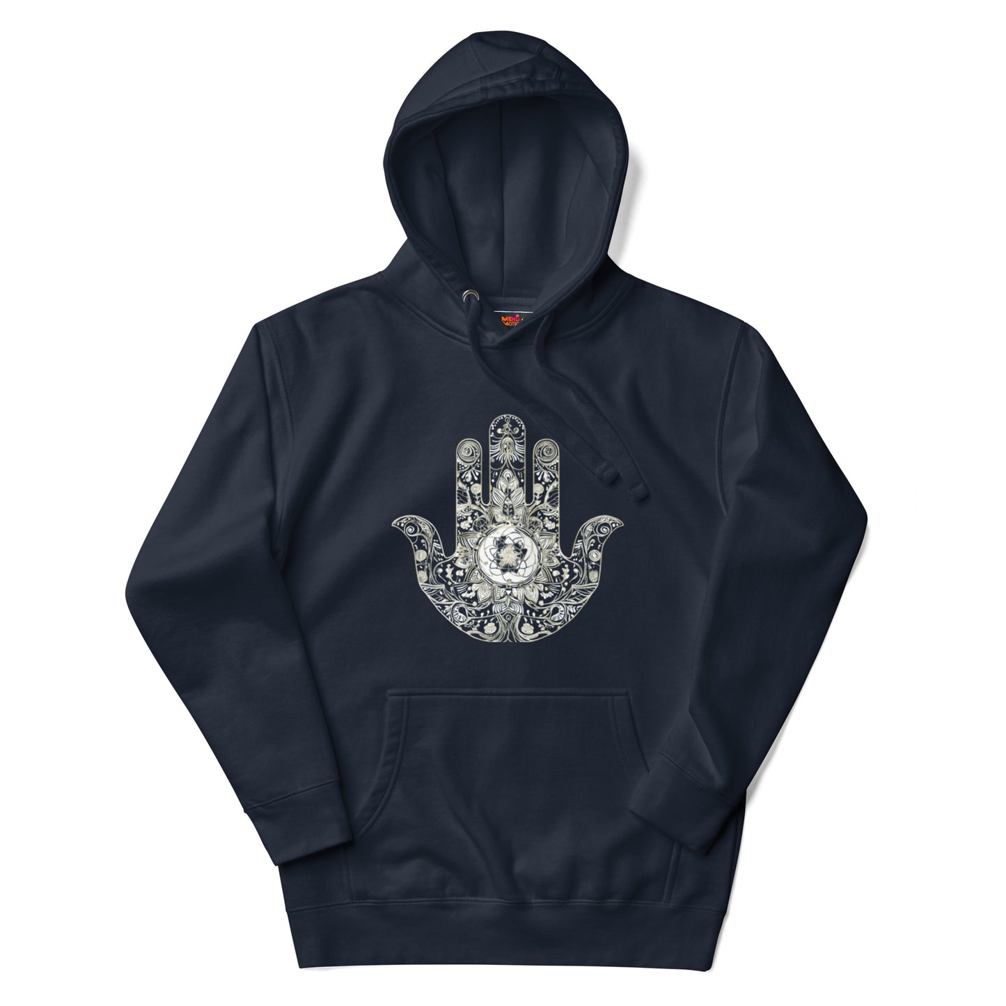 Premium navy blazer hoodie showcasing a decorative hand design with detailed floral accents and ornate patterns