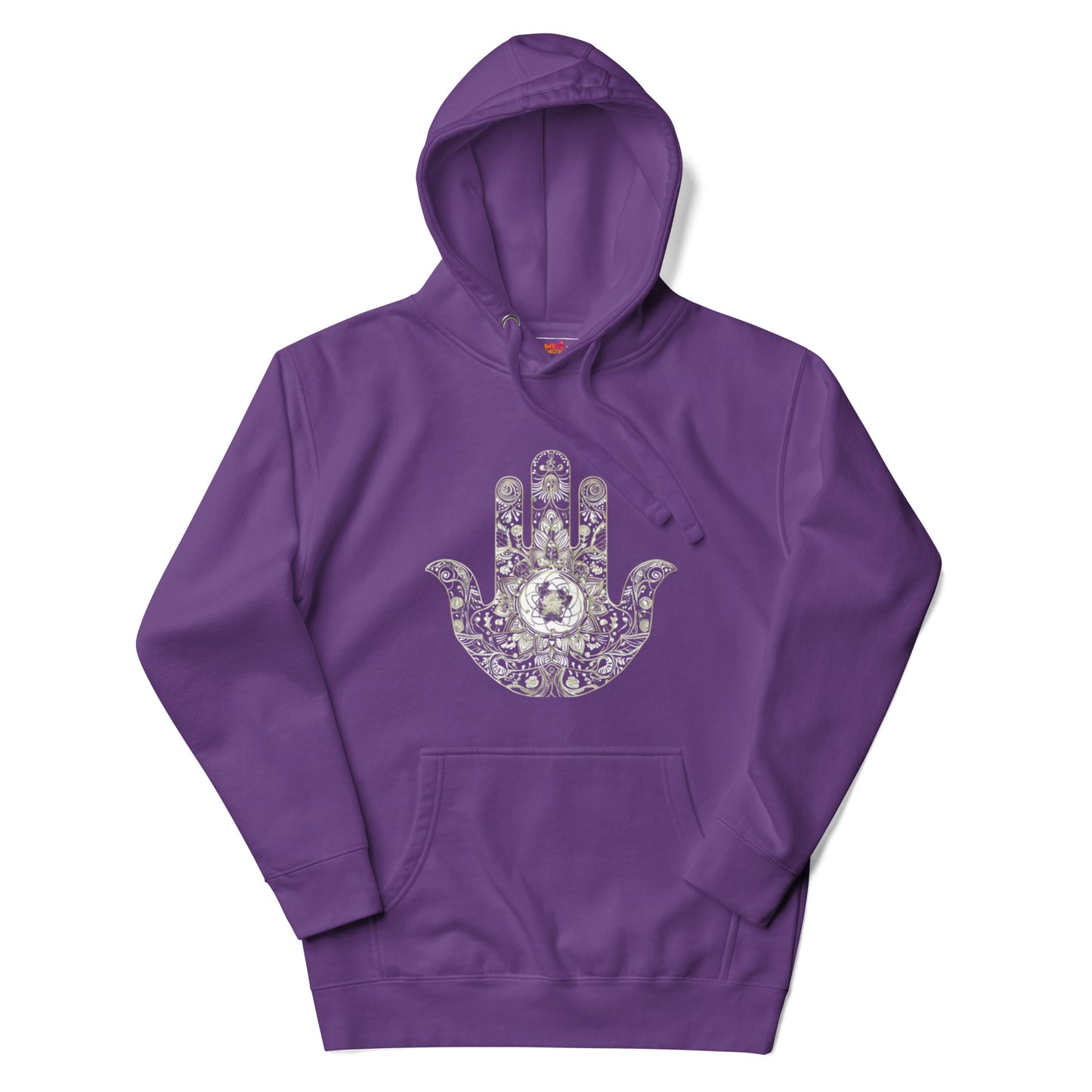 Purple hoodie showcasing a beautifully detailed hand design with a floral and ornate theme