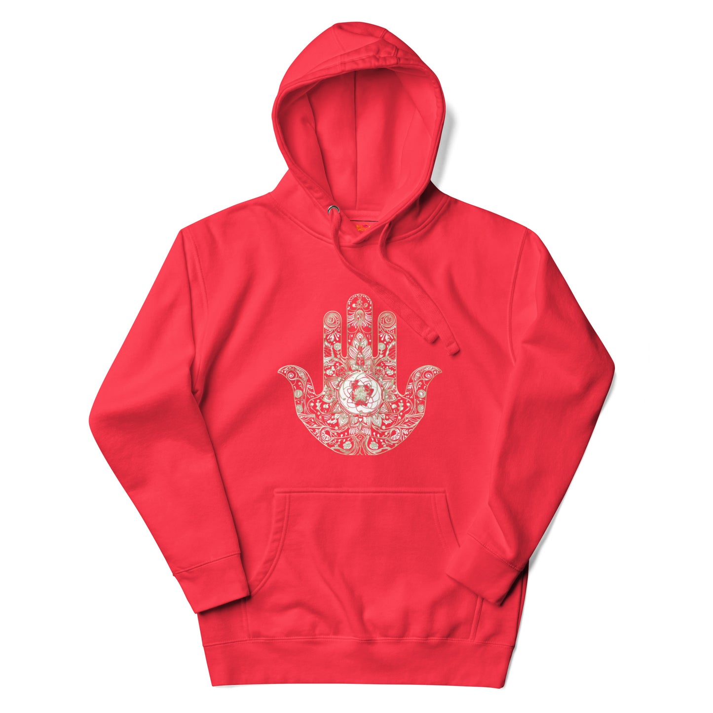 Team red hoodie featuring an elegant hand design with detailed floral and ornamental accents