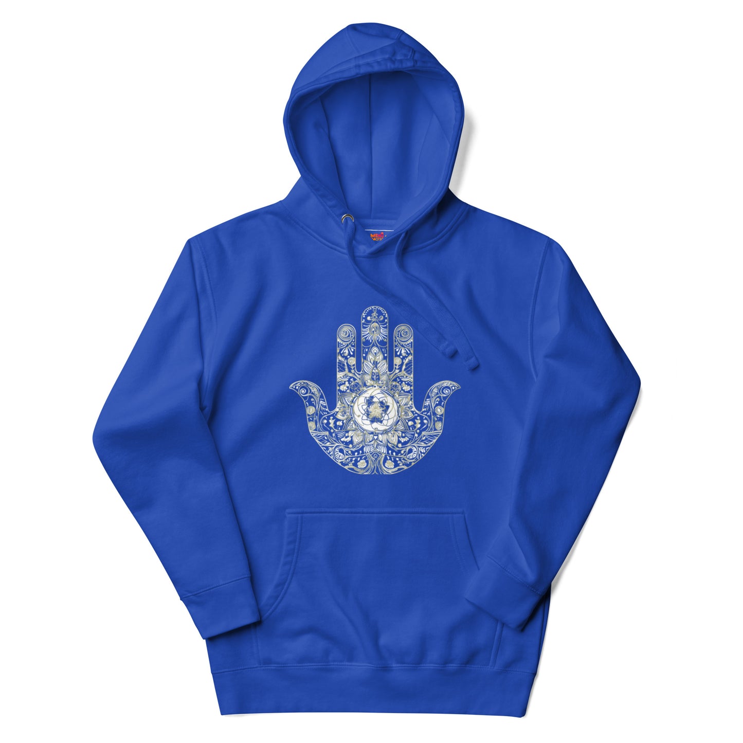 Team royal hoodie decorated with an artistic hand design with intricate patterns and floral details
