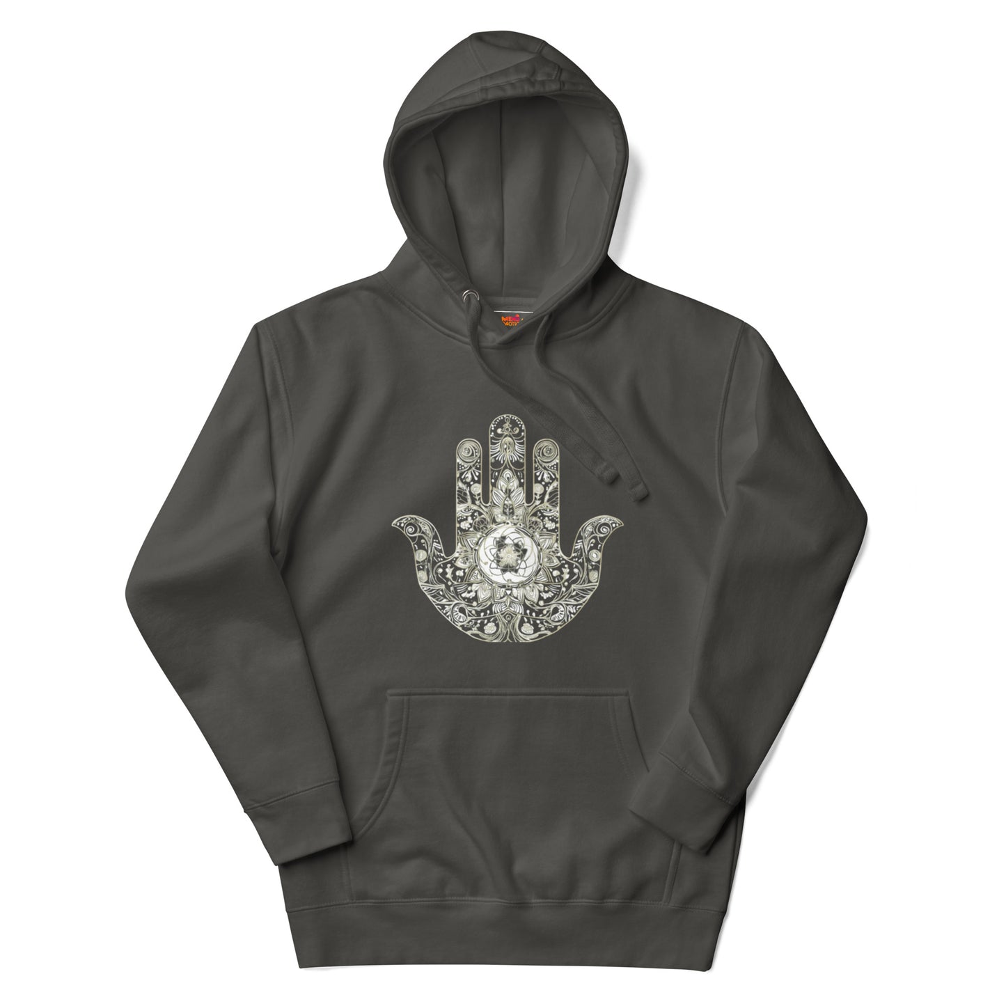 Vintage black hoodie featuring a sophisticated hand design with ornate and floral embellishments