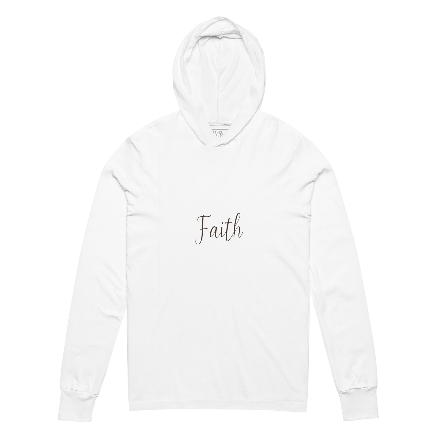 White long-sleeve hoodie with "Faith" written in script font on the front.