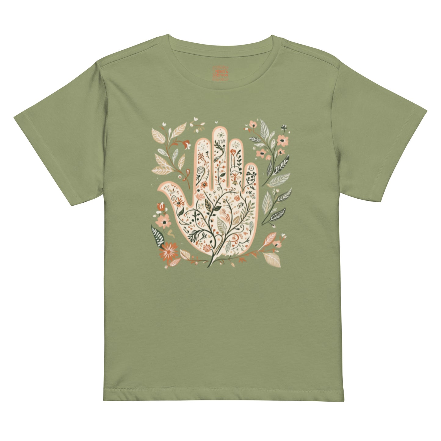 Artichoke green high-waisted tee featuring a detailed floral Hamsa hand design.