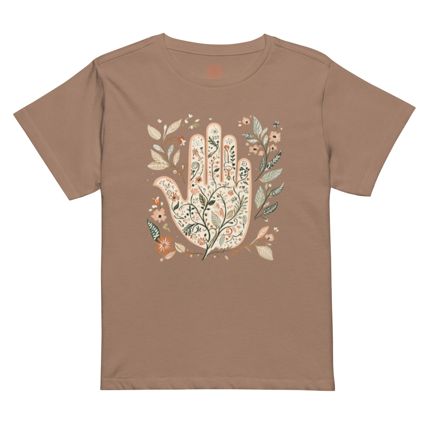 Latte-colored high-waisted tee with a floral Hamsa hand design accented with soft flowers.
