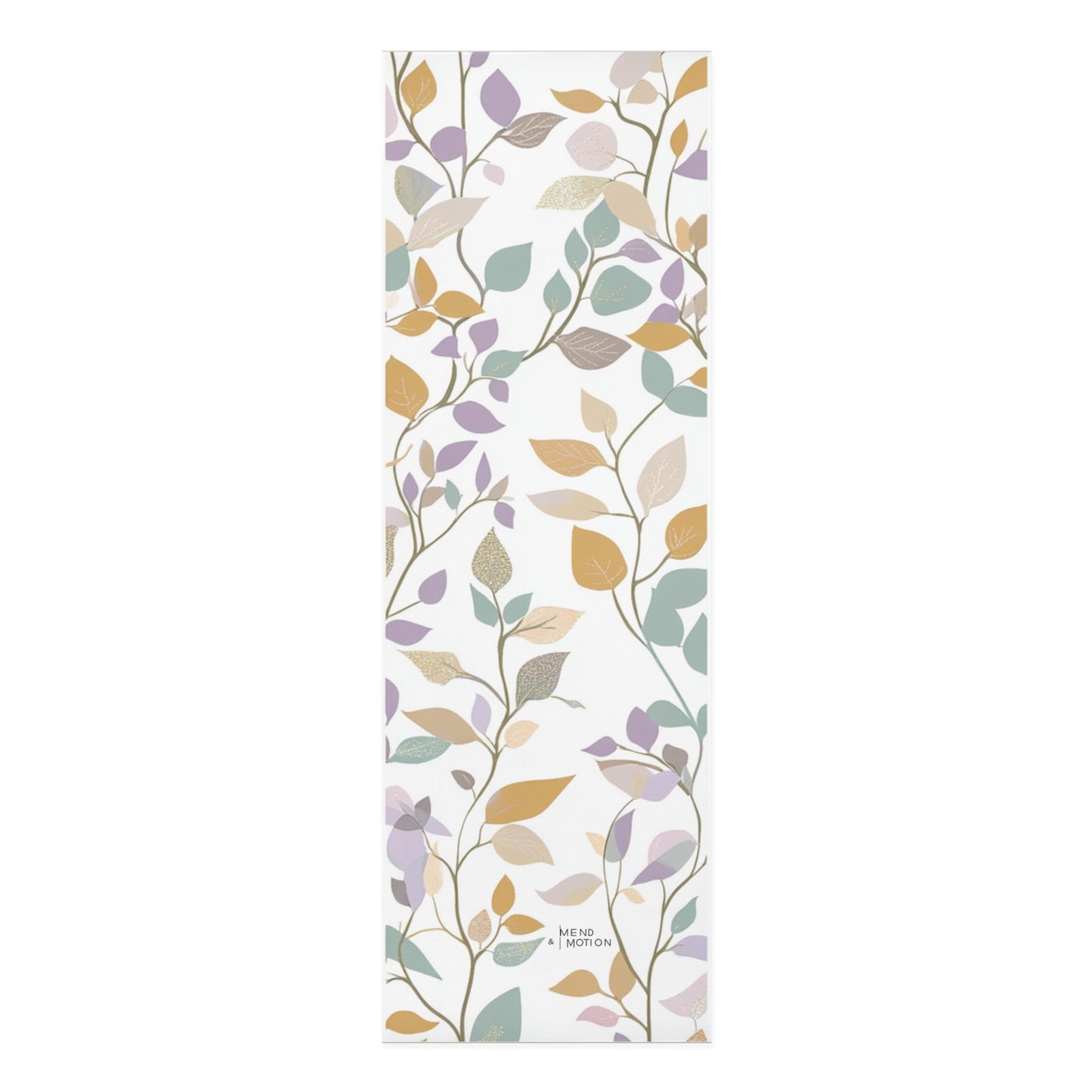 Top view of a floral mandala yoga mat with intricate patterns in pastel tones of blue and orange