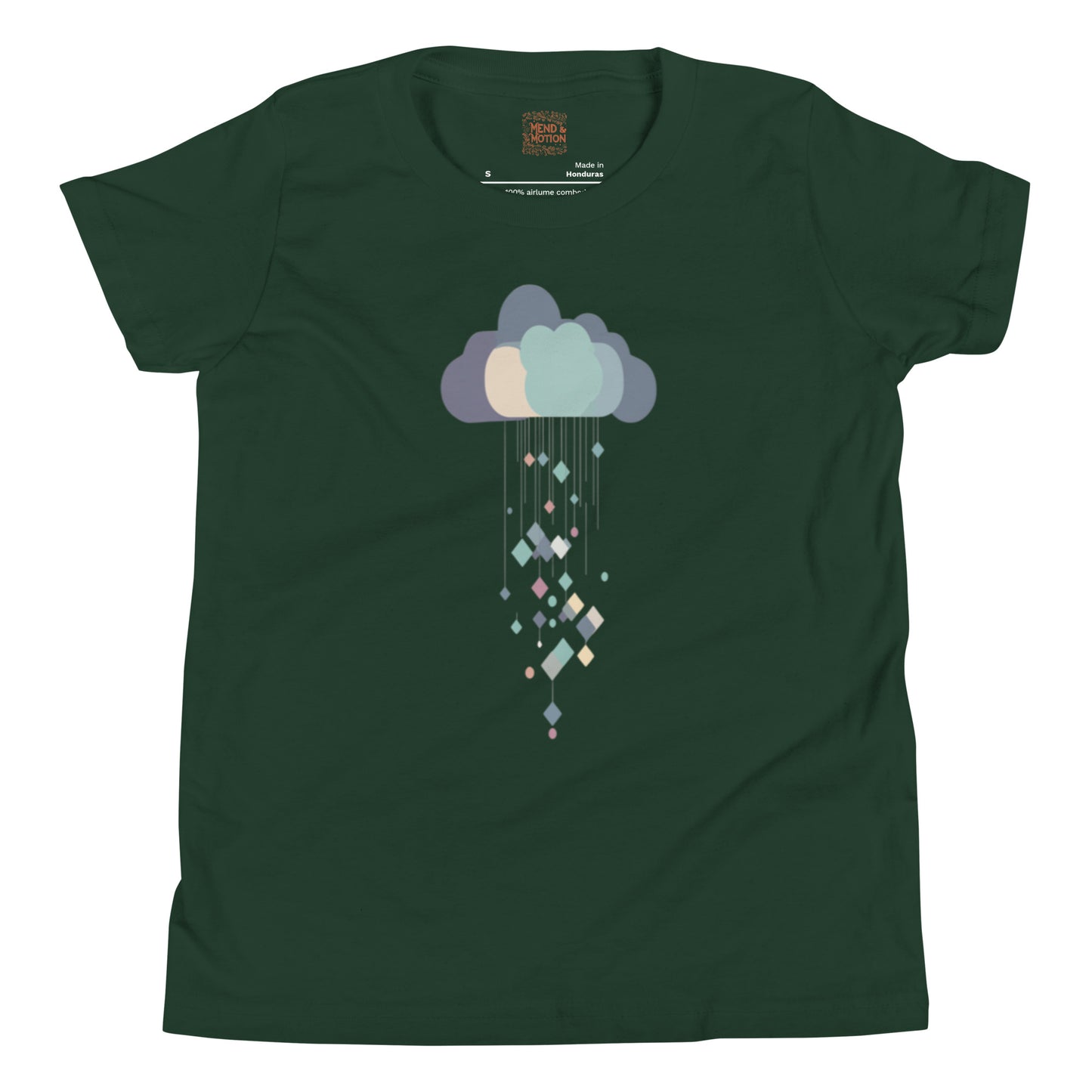 Forest green youth t-shirt showcasing a cloud design with falling geometric rain in soft pastel colors.
