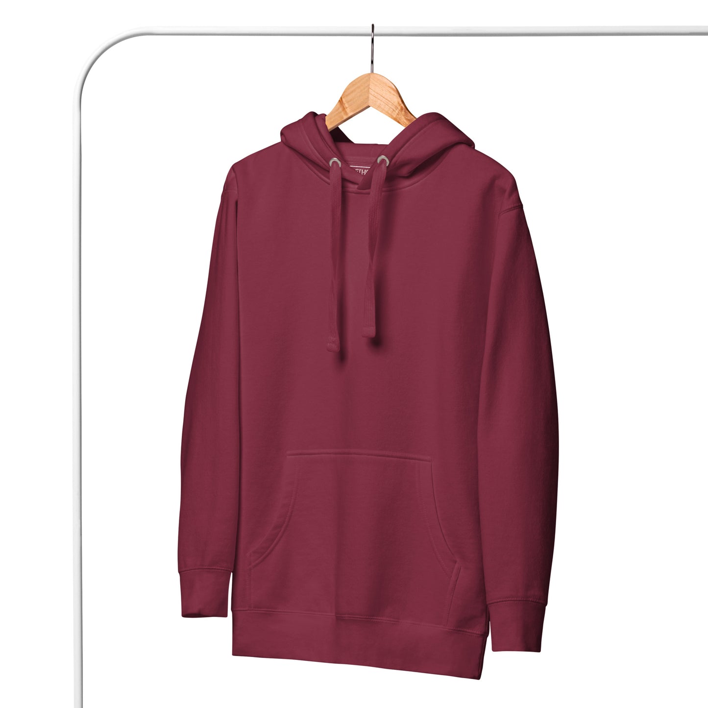 Front view of maroon hoodie with drawstring and large pocket.